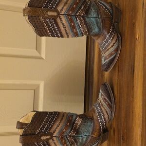 Brown and Blue Patterned Cowboy Boots